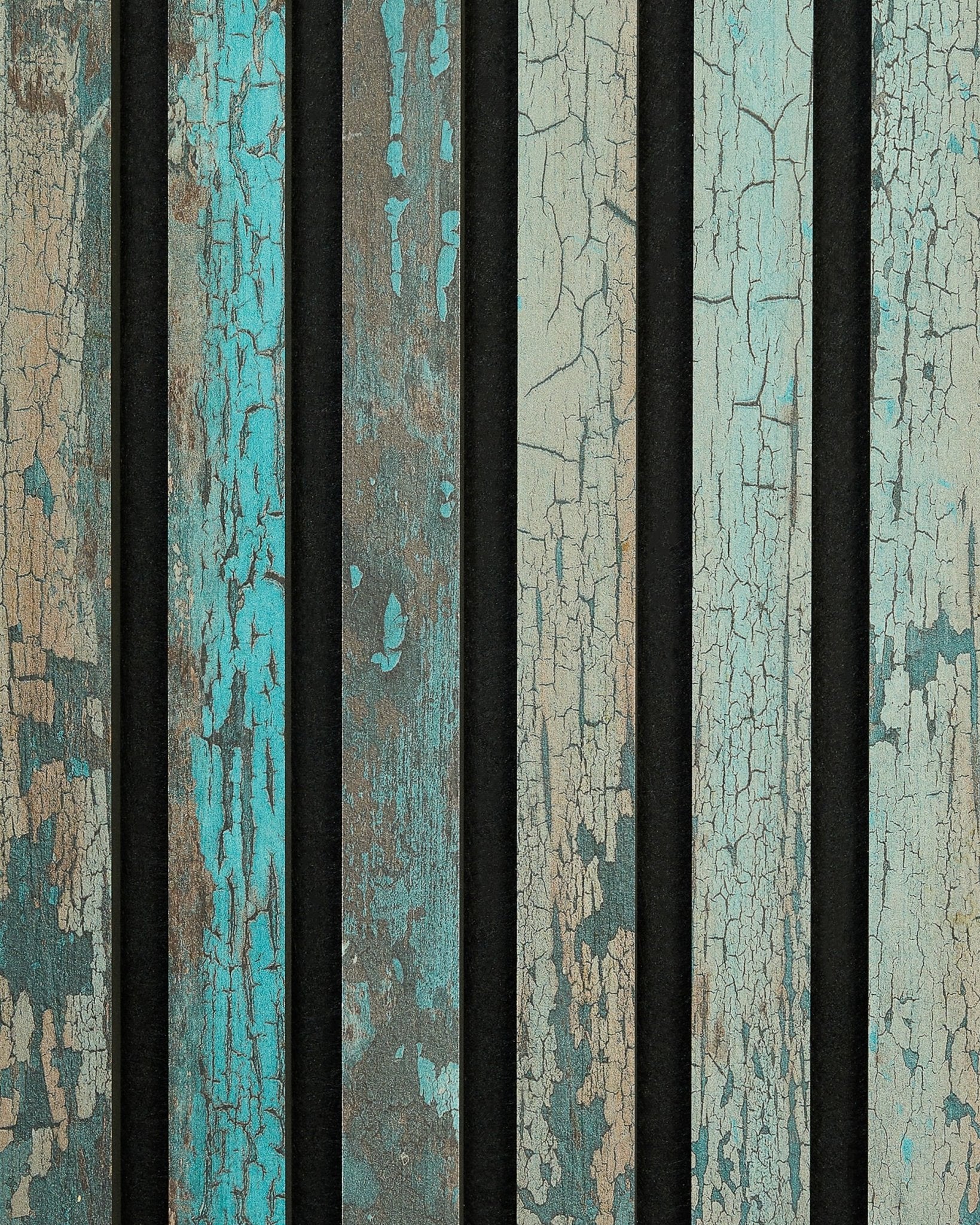 WoodUpp Rebel | Échantillon / Bleu oxyde Akupanel avec des lattes en bois patinées, des tons bleu-vert, des fissures visibles et des espaces sombres en vertical pour un style nordique rustique.